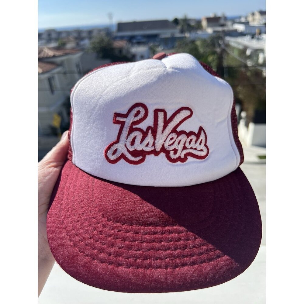 Vintage 70s Las Vegas Nevada embroidered scripted maroon mesh trucker hat